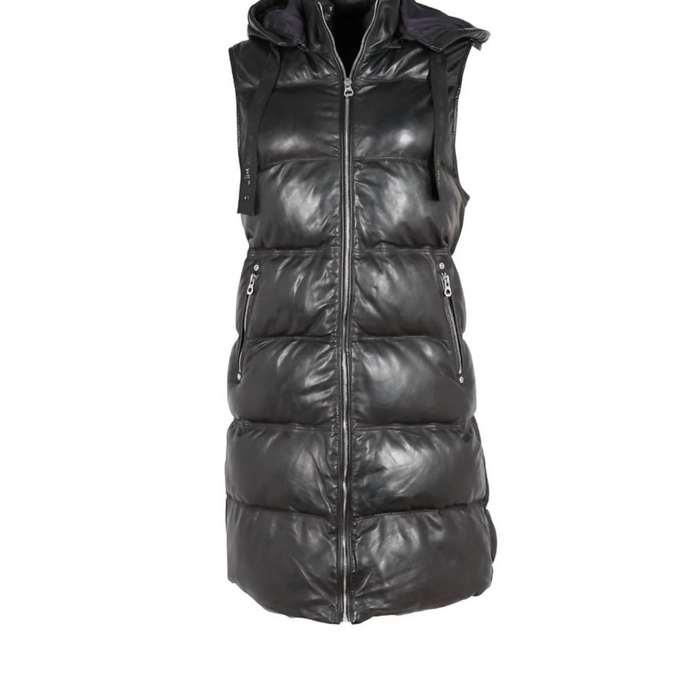 New w/tags Bod&Christensen Sorona aura women Blk leather Hooded Puffer Vest SM